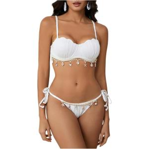 imageMakeMeChic Womens Bikini Set Textured Scallop Trim Shell Tie Back Bathing SuitsWhite