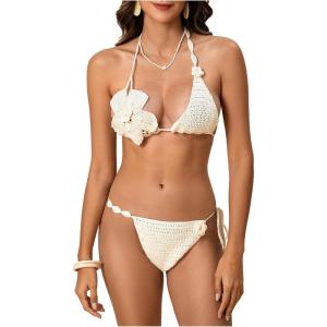 imageMakeMeChic Womens Bikini Sets Crochet 3D Floral Halter Tie Back Boho Bathing SuitApricot