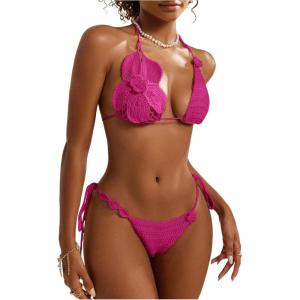 imageMakeMeChic Womens Bikini Sets Crochet 3D Floral Halter Tie Back Boho Bathing SuitHot Pink
