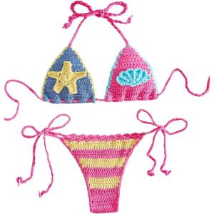 imageMakeMeChic Womens Bikini Sets Crochet 3D Floral Halter Tie Back Boho Bathing SuitPink Multi