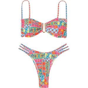 imageMakeMeChic Womens Bikini Sets Floral Print Cut Out Spaghetti Strap Swimsuit Bathing SuitOrange and Blue