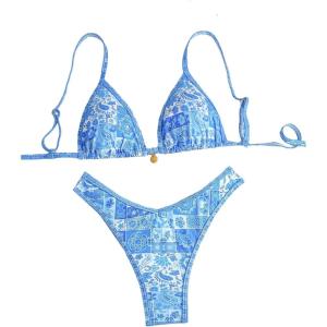 imageMakeMeChic Womens Bikini Sets Floral Print Spaghetti Strap High Cut Swimsuit BeachwearBlue