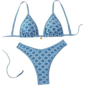 imageMakeMeChic Womens Bikini Sets Floral Print Spaghetti Strap High Cut Swimsuit BeachwearBlue and White