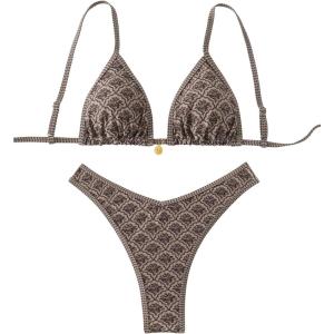 imageMakeMeChic Womens Bikini Sets Floral Print Spaghetti Strap High Cut Swimsuit BeachwearBrown
