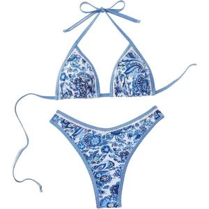imageMakeMeChic Womens Bikini Sets Floral Print Spaghetti Strap High Cut Swimsuit BeachwearFloral Blue