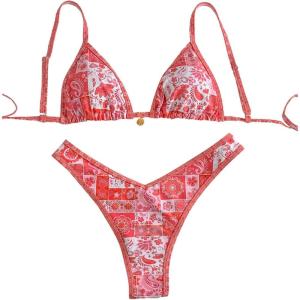 imageMakeMeChic Womens Bikini Sets Floral Print Spaghetti Strap High Cut Swimsuit BeachwearLight Orange