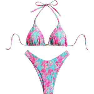 imageMakeMeChic Womens Bikini Sets Floral Print Spaghetti Strap High Cut Swimsuit BeachwearPink Multi