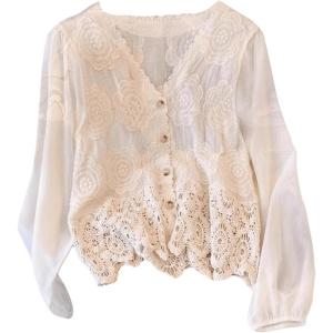 imageMakeMeChic Womens Button Down Shirt Floral Hollow Out Sheer Mesh Top BlouseApricot