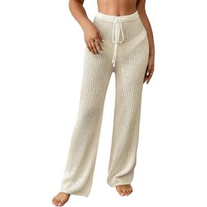 imageMakeMeChic Womens Crochet Beach Pant Drawstring Waist Bikini Swimsuits Sheer Mesh Cover Up PantsApricot