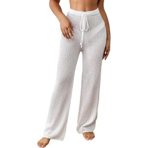 imageMakeMeChic Womens Crochet Beach Pant Drawstring Waist Bikini Swimsuits Sheer Mesh Cover Up PantsWhite