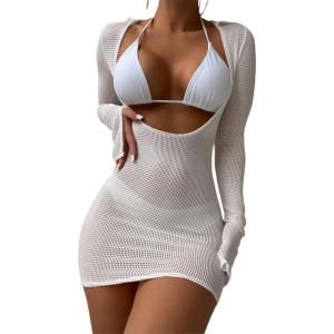 imageMakeMeChic Womens Crochet Cover Up Dress Long Sleeve Knitted Sheer Swimwear Beach Cover Up DressA White