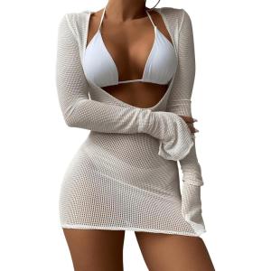 imageMakeMeChic Womens Crochet Cover Up Dress Long Sleeve Knitted Sheer Swimwear Beach Cover Up DressPlus White