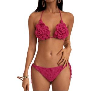imageMakeMeChic Womens Crochet Cover Up Sets 3D Flower Halter Backless Bikini Top and Thong Beach Bathing SuitHot Pink