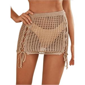 imageMakeMeChic Womens Crochet Cover Up Skirt Tassel Knit Mini Beach Cover UpApricot