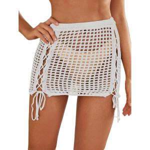 imageMakeMeChic Womens Crochet Cover Up Skirt Tassel Knit Mini Beach Cover UpWhite a