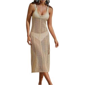 imageMakeMeChic Womens Crochet Dress Sleeveless Sheer Halter Long Dresses Beach Coverup Swimsuit Cover UpKhaki