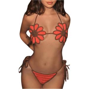 imageMakeMeChic Womens Crochet Knit Bikini Cover Up Sets Floral Halter Backless Bikini Top and Thong SwimsuitsMulticolor