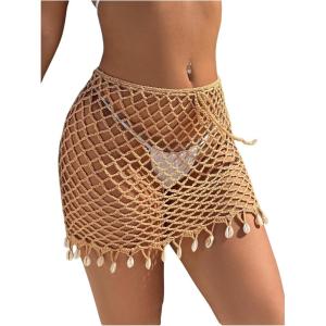 imageMakeMeChic Womens Crochet Mini Skirt Hollow Out Beach Cover Up Fringe Short SkirtKhaki