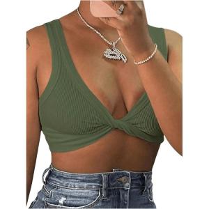 imageMakeMeChic Womens Crop Tank Top Ribbed Twist Front Sexy Cute Going Out TopsArmy Green