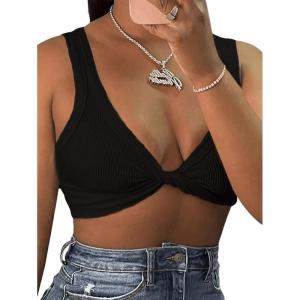 imageMakeMeChic Womens Crop Tank Top Ribbed Twist Front Sexy Cute Going Out TopsBlack