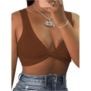 imageMakeMeChic Womens Crop Tank Top Ribbed Twist Front Sexy Cute Going Out TopsBrown