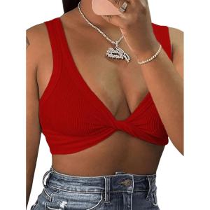 imageMakeMeChic Womens Crop Tank Top Ribbed Twist Front Sexy Cute Going Out TopsRed