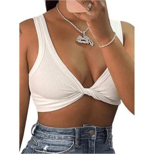imageMakeMeChic Womens Crop Tank Top Ribbed Twist Front Sexy Cute Going Out TopsWhite