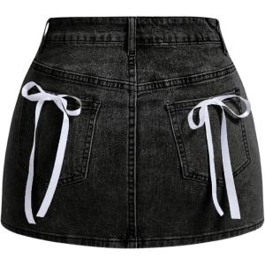 imageMakeMeChic Womens Denim Skirt High Waist Bow Pocket Bodycon Y2K Mini Jean SkirtsBlack