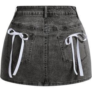 imageMakeMeChic Womens Denim Skirt High Waist Bow Pocket Bodycon Y2K Mini Jean SkirtsDark Grey