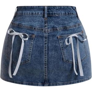 imageMakeMeChic Womens Denim Skirt High Waist Bow Pocket Bodycon Y2K Mini Jean SkirtsDark Wash