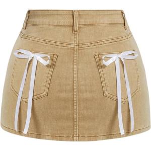 imageMakeMeChic Womens Denim Skirt High Waist Bow Pocket Bodycon Y2K Mini Jean SkirtsKhaki