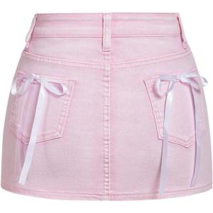imageMakeMeChic Womens Denim Skirt High Waist Bow Pocket Bodycon Y2K Mini Jean SkirtsLight Pink
