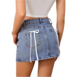imageMakeMeChic Womens Denim Skirt High Waist Bow Pocket Bodycon Y2K Mini Jean SkirtsLight Wash