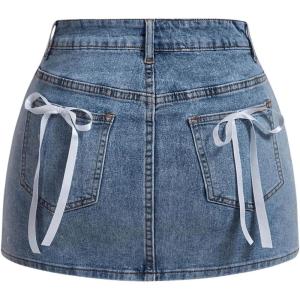 imageMakeMeChic Womens Denim Skirt High Waist Bow Pocket Bodycon Y2K Mini Jean SkirtsMedium Wash