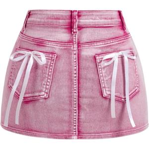 imageMakeMeChic Womens Denim Skirt High Waist Bow Pocket Bodycon Y2K Mini Jean SkirtsPink