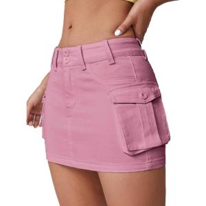 imageMakeMeChic Womens Denim Skirt Y2K Denim Skort Low Rise Mini Jean SkirtPink