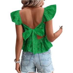 imageMakeMeChic Womens Eyelet Tops Tie Back Cap Sleeve Square Neck Ruffle Peplum Blouse Summer Crop TopGreen