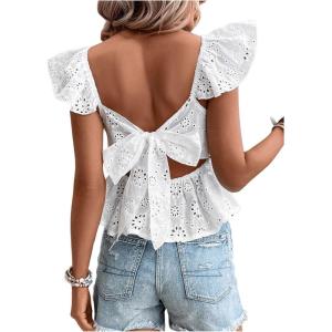 imageMakeMeChic Womens Eyelet Tops Tie Back Cap Sleeve Square Neck Ruffle Peplum Blouse Summer Crop TopWhite