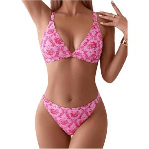 imageMakeMeChic Womens Floral 2 Piece Swimsuit Deep V Neck High Cut Bikini Sets Bathing SuitPink