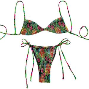 imageMakeMeChic Womens Floral Bikini Set Triangle Smocked Tie Side Boho Swimsuit BeachwearGreen