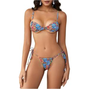 imageMakeMeChic Womens Floral Bikini Set Triangle Smocked Tie Side Boho Swimsuit BeachwearMulticolor