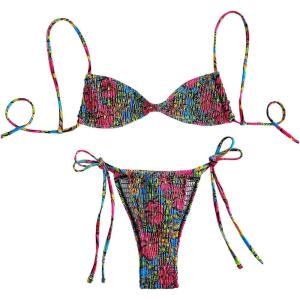 imageMakeMeChic Womens Floral Bikini Set Triangle Smocked Tie Side Boho Swimsuit BeachwearPink