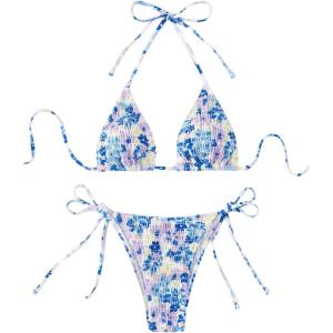imageMakeMeChic Womens Floral Halter Tie Side High Cut Triangle Bikini Set Swimsuit Bathing SuitBlue Multi