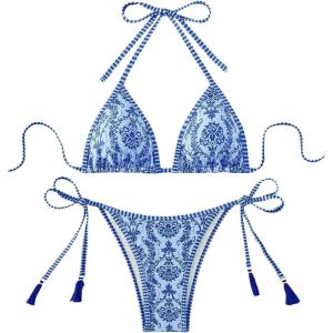 imageMakeMeChic Womens Floral Halter Tie Side High Cut Triangle Bikini Set Swimsuit Bathing SuitFloral Blue
