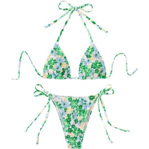 imageMakeMeChic Womens Floral Halter Tie Side High Cut Triangle Bikini Set Swimsuit Bathing SuitGreen
