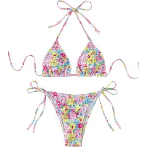 imageMakeMeChic Womens Floral Halter Tie Side High Cut Triangle Bikini Set Swimsuit Bathing SuitMulticolored