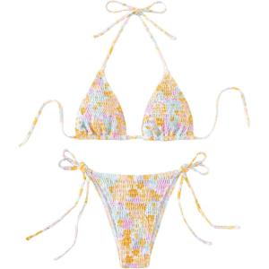 imageMakeMeChic Womens Floral Halter Tie Side High Cut Triangle Bikini Set Swimsuit Bathing SuitOrange