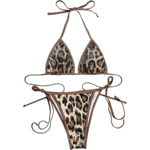 imageMakeMeChic Womens Floral Halter Tie Side High Cut Triangle Bikini Set Swimsuit Bathing SuitSequin Brown