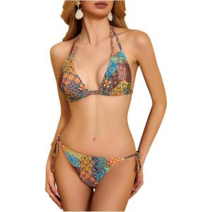imageMakeMeChic Womens Floral Halter Tie Side High Cut Triangle Bikini Set Swimsuit Bathing SuitZebra Pattern