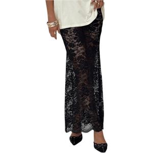imageMakeMeChic Womens Floral Lace Sheer Maxi Skirt Bodycon Party Long SkirtsBlack